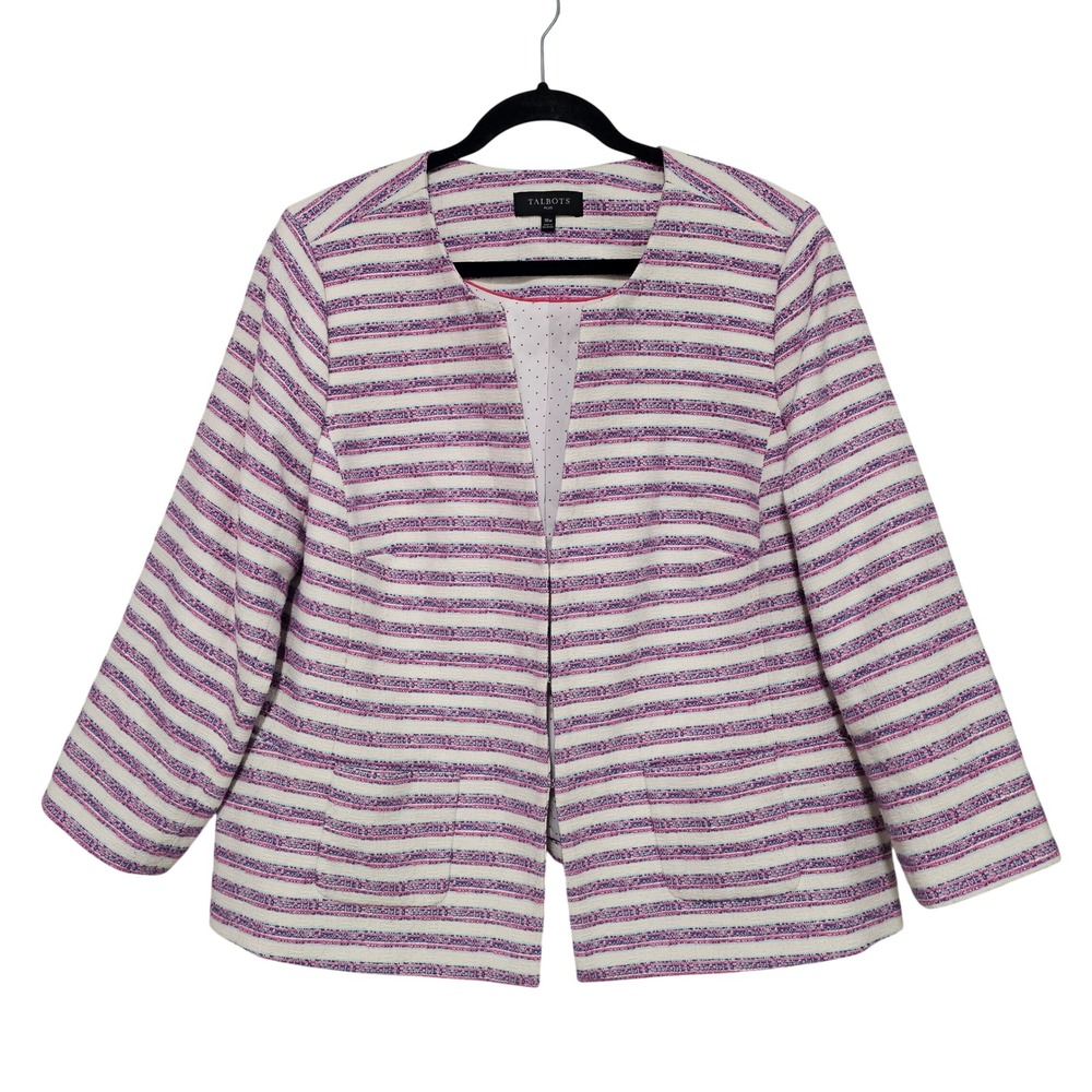 Talbots Pink Blue Striped Blazer Jacket 18W Collarless Hook Eye Preppy Office